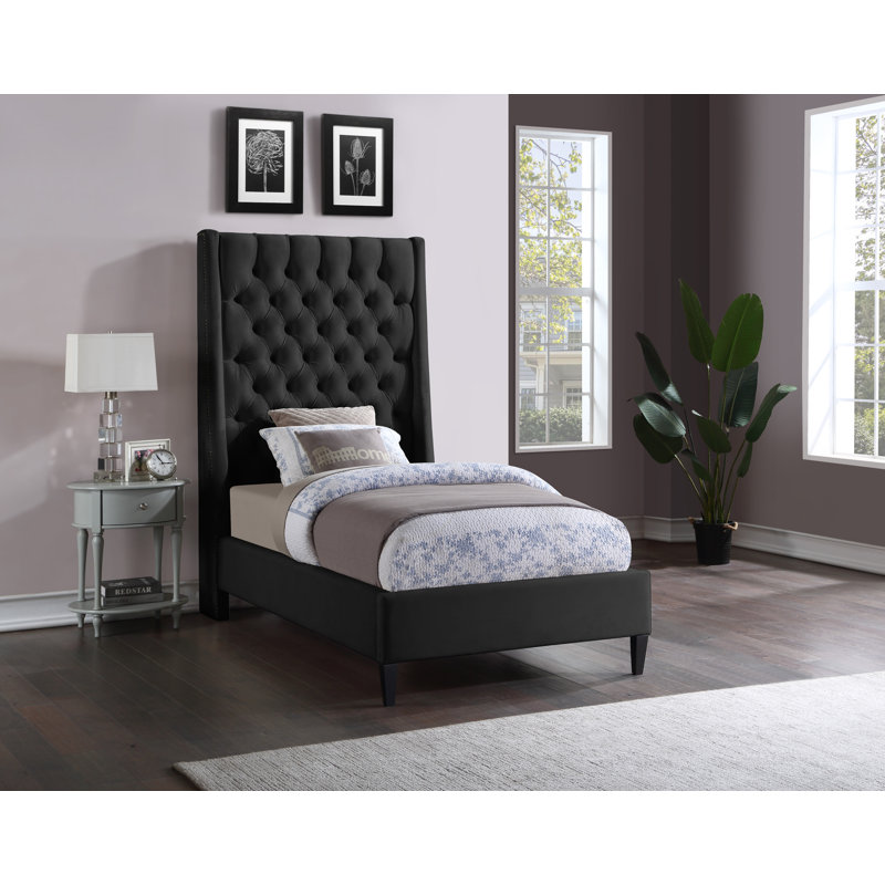Dymph Upholstered Wingback Bed, Twin, Black Velvet