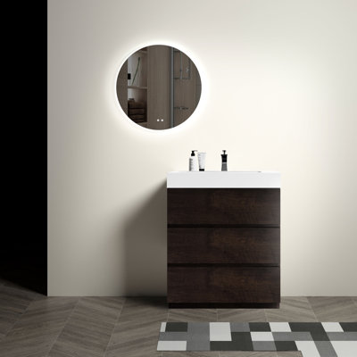 Meuble-lavabo de 30 po en noyer, meuble contemporain, grand rangement, lavabo blanc, tiroirs en noyer de salle de bain autoportant, mise à niveau élégante, rails de tiroir silencieux