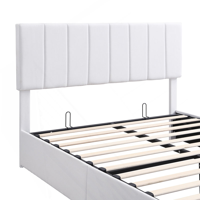 Lit plateforme tapissier avec système de rangement hydraulique, Full / Double, Beige