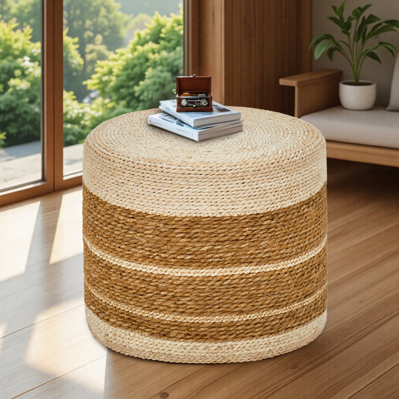 Onaway Upholstered Pouf, Natural Cattail + Corn Husk