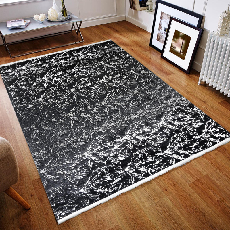 Tapis noir à motif floral argenté, Rectangle de 10 pi x 14 pi
