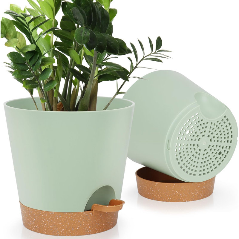 8-inch Green Self-watering Plant Pots Set Of 2