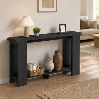 63 Inch Distressed Black Farmhouse Console Table, Narrow Entryway Table with Thickened Tabletop, Sofa Table for Hallway & Living Room