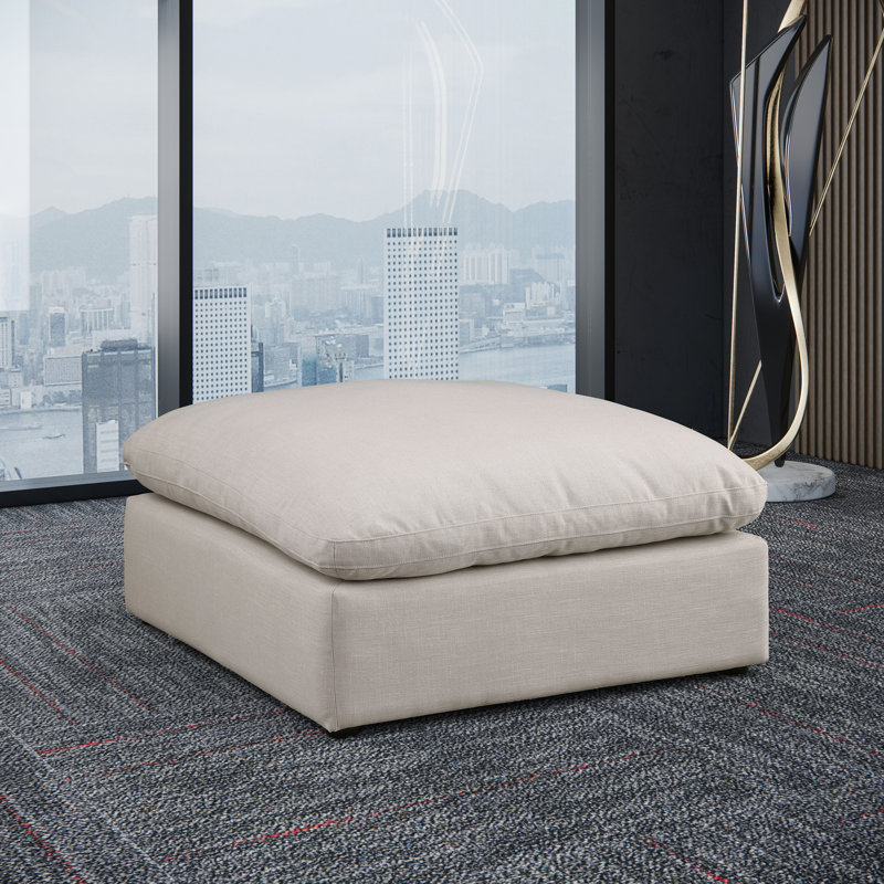 Israar Upholstered Ottoman, Beige Linen Textured Fabric