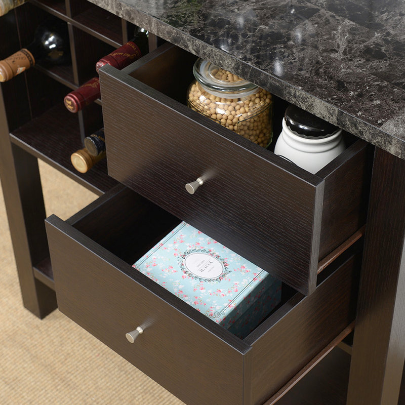 Armoire de boulanger rouge en marbre / bois avec trois tablettes, un compartiment à vin et deux tiroirs - fini ton