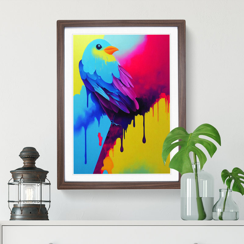 Bird Paint Drips No.3 - Wall Art, 48cm H x 36cm W, Walnut Framed, White