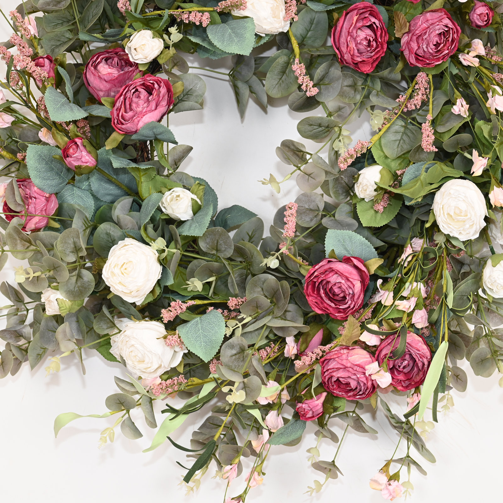 26" Handcrafted Eucalyptus Rose No Holiday Wreath, Green/Red/White
