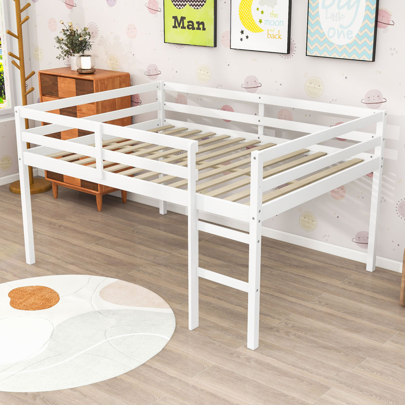 Lit mezzanine double en bois avec rangement spacieux sous le lit et échelle, Blanc