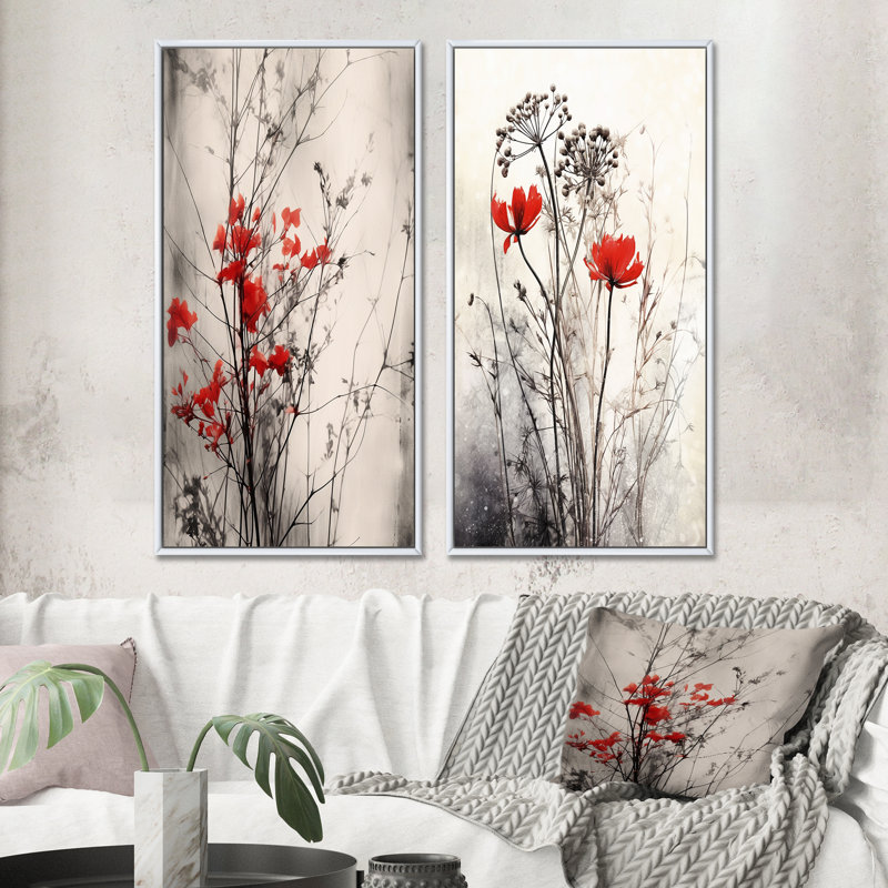 2 pièces sur toile - Red Gray Herb Garden, Cadre blanc, H 32 po x l 32 po