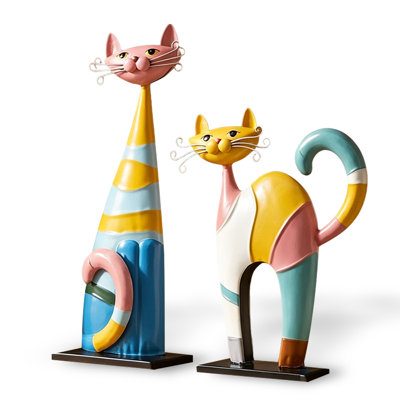 Yellow Abstract Cat Resin Decorative Object Set of 2