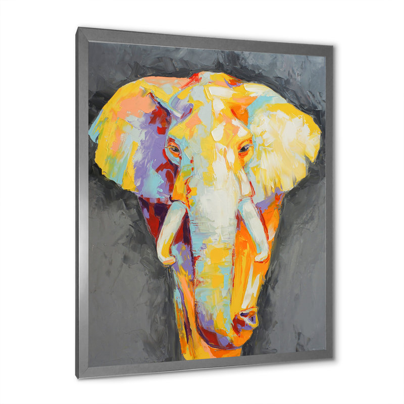 Peinture, portrait d'éléphant II - œuvre d'art moderne sur toile, H 20 po x l 12 po x P 1 po, Toile avec cadre photo argenté