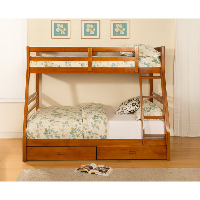 Lit superposé simple au dessus d'un lit double en bois massif avec rangement, miel, Miel