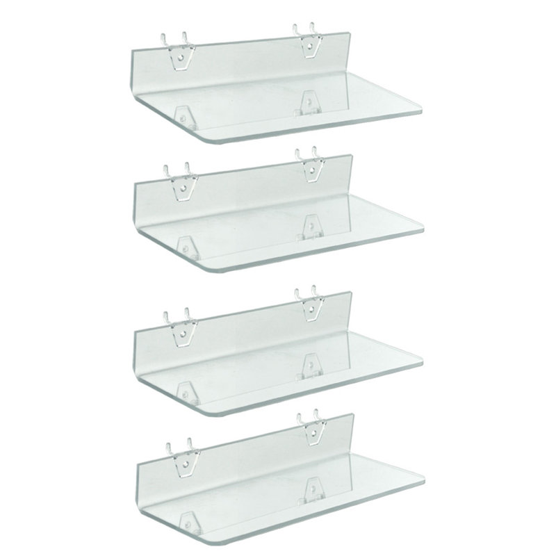 Tablette transparente en acrylique pour panneau perforé et lattes 13,5 po x 4 po x 2 po, paquet de 4, 13.5" W x 4" D x 2" H