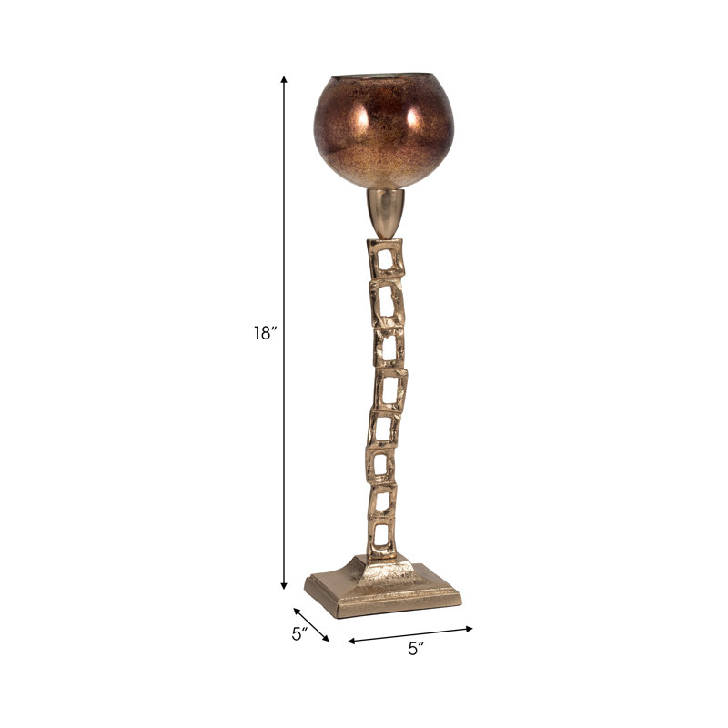 Adel Modern Chain Link Candle Holder with Round Glass Top - Decorative Pillar Candlestick Holder for Tabletop or Floor Accent - Gold & Metallic
