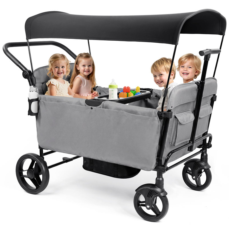 4-Seater Wagon Stroller with Push & Pull Handle, Adjustable Canopy & 5-Point Harness, 40.6" H x 44.9" W x 25.2" D, Black