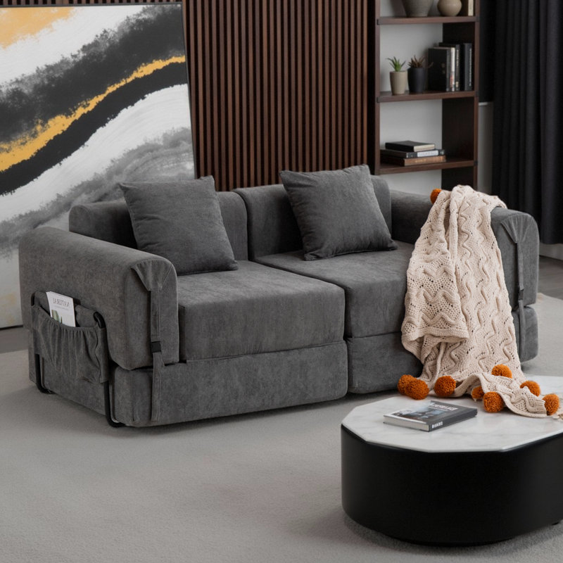 2-Seater Folding Compression Sofa Convertible Sofa Bed Ultra-Comfortable Modular Double Sofa with Metal Frame and Easy Assembly, Polyester Blend Upholstery & Space-Saving Design