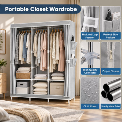 50 Inch Portable Fabric Closet Wardrobe, Freestanding Garment Organizer with 3 Hanging Rods & Storage Shelves, Side Pockets for Bedroom Dorm