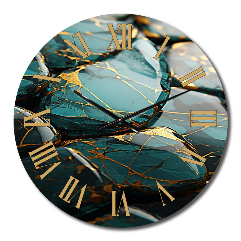 Horloge murale sarcelle et or - peinture abstraite, Moyenne