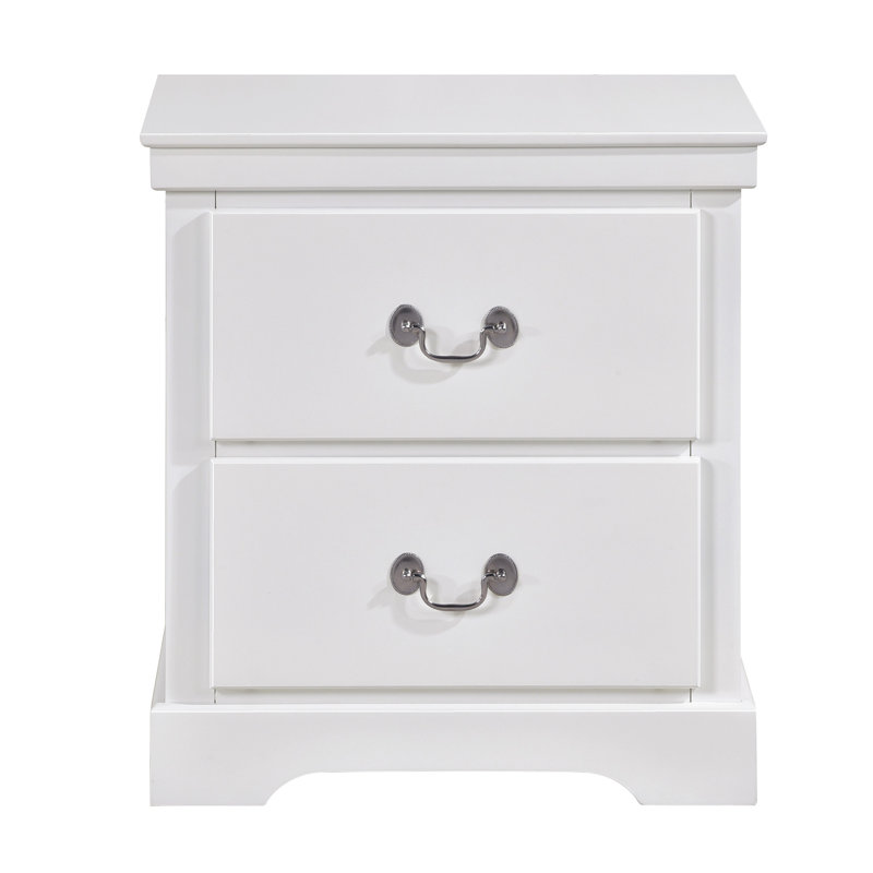 Table de chevet blanche avec 2 tiroirs, glissières en métal et poignées en nickel satiné