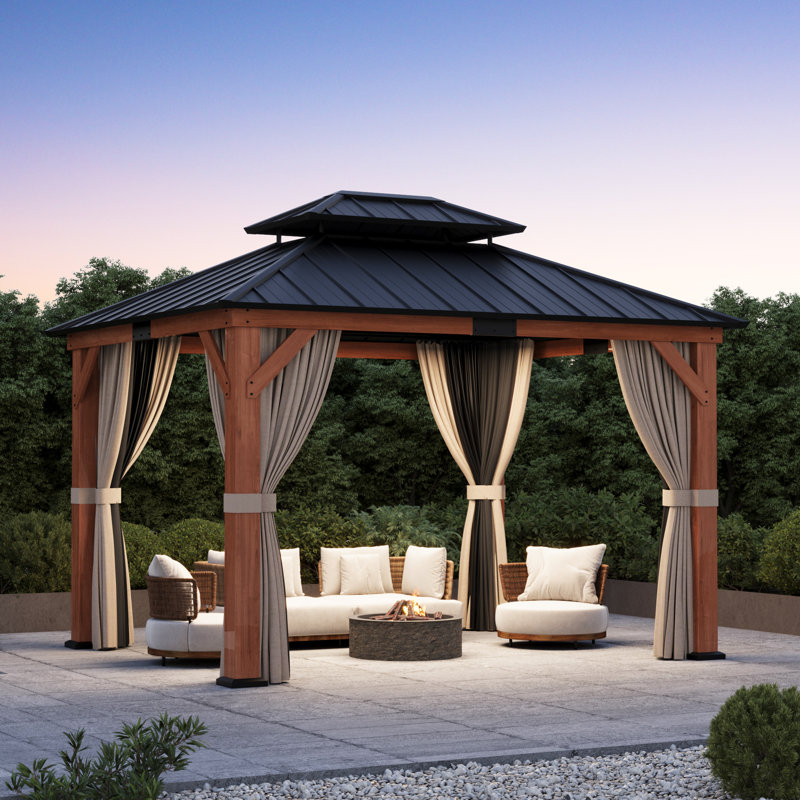 Pavillon de jardin en bois de cèdre de qualité supérieure 10 pi x 12 pi en bois de cèdre avec moustiquaire et rideaux, pavillon à toit rigide en acier galvanisé à 2 niveaux