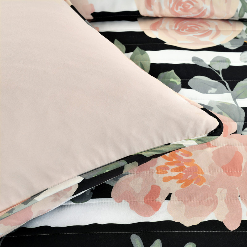 Amara Black/Dusty Rose Microfiber Reversible Quilt Set, King Quilt + 2 Shams + 2 Throw Pillows