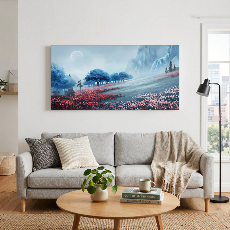Tableau sur toile représentant un champ de fleurs roses, des arbres bleus et une montagne au clair de lune brumeux
