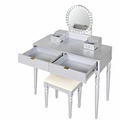 Bureau de coiffeuse de luxe avec miroir rond, hauteur réglable, ensemble de coiffeuse, 4 tiroirs et tabouret, argent