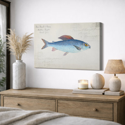 Poissons bleus rétro avec écriture française, images de salle de bain, impression sur toile encadrée sur toile.