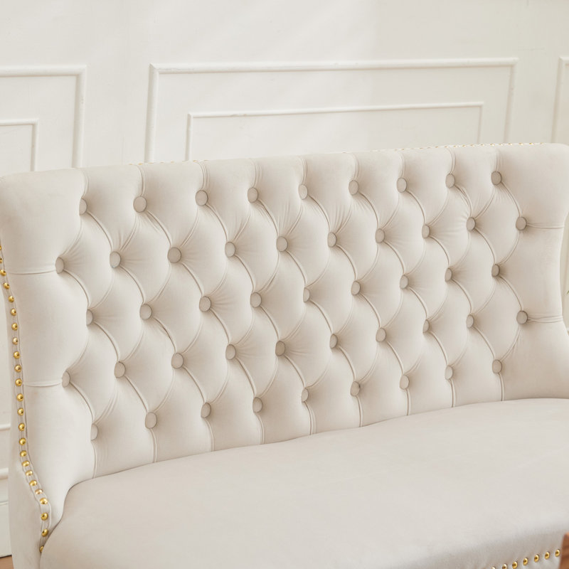 45.6" Upholstered Loveseat, 2-Seat Tufted Bench With Wing Back, White, Gold
