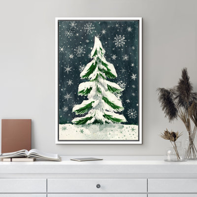 «Snowflake Snow Covered Christmas Tree Winter Modern Holiday Decor», reproduction d'art sur toile encadrée