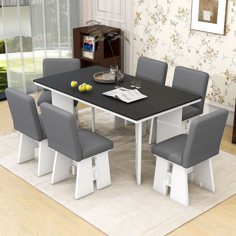 Contemporary 7-Piece Dining Set, Wooden Rectangular Table and Six Upholstered Chairs, Dark Gray/White, Gray