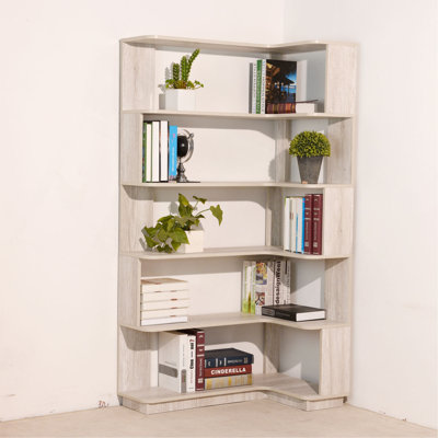 Bibliothèque de coin autoportante de 90 cm (35,43 po) pour le salon, la chambre à coucher, le bureau personnel, la bibliothèque en bois avec panneau anti-chute et dispositif anti-basculement, Vitrine de rangement ouverte 5 couleurs