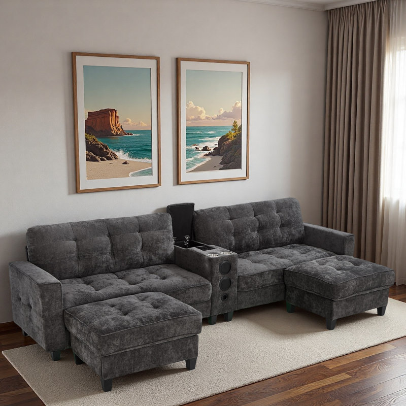 Modern U-shaped Sectional With Movable Storage Ottomans, Multifunctional Console, Bluetooth Speakers And Led Lights