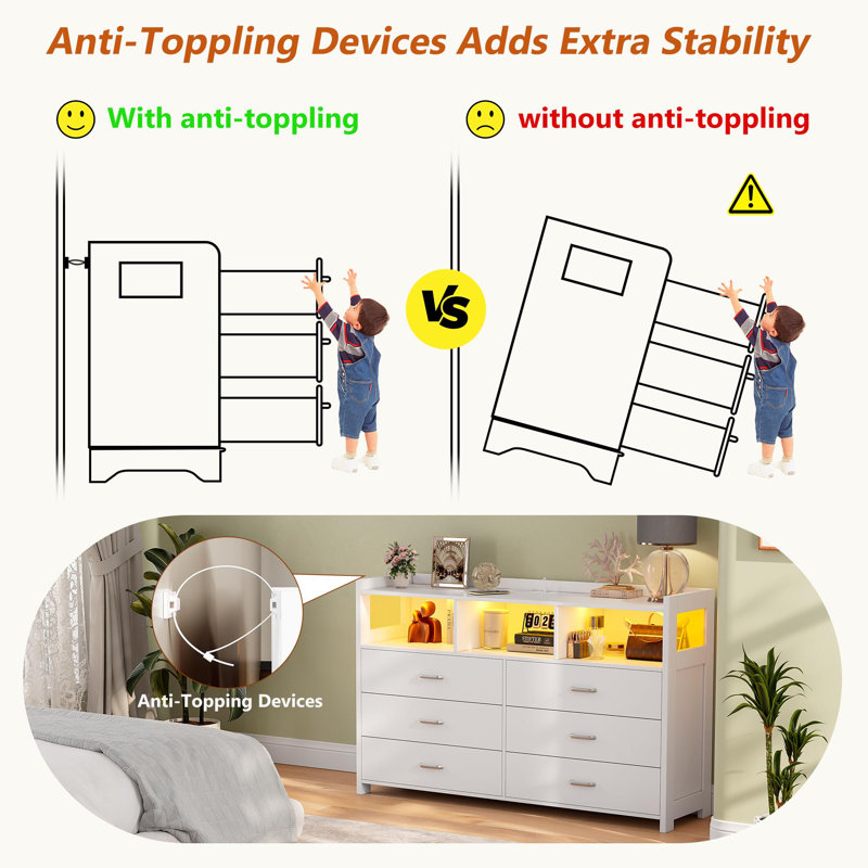 Jaylianiz 6 - Drawer Dresser with Power Outlet, Chest of Drawers with LED Lights and Open Storage, White