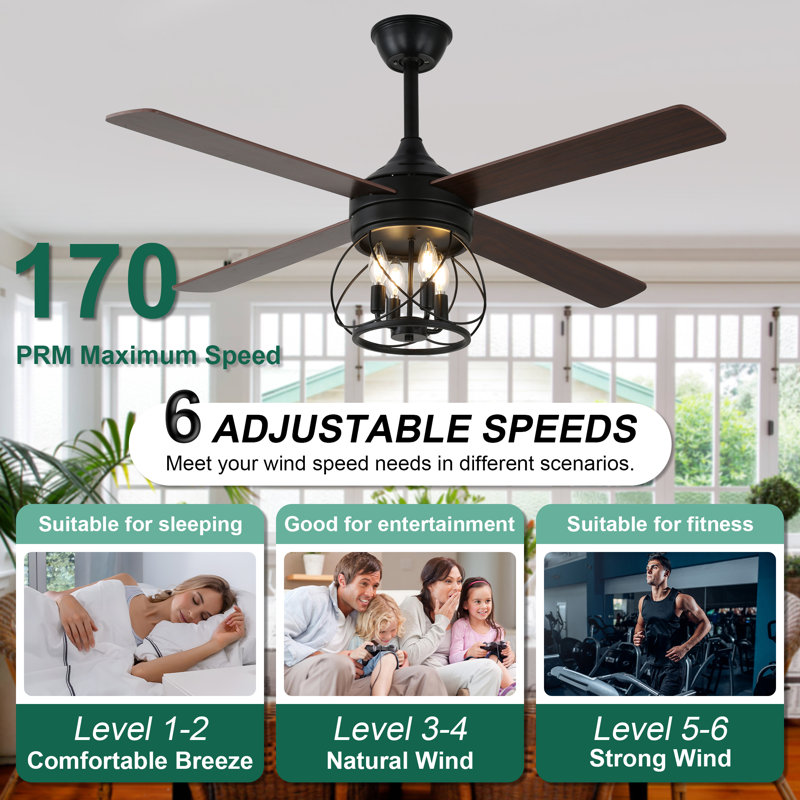 52" 4-Blade Farmhouse 6 Speeds Reversible DC Motor Caged Ceiling Fan with Lights and Remote Control, 52"