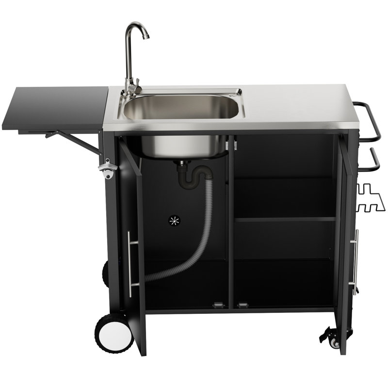 Chariot de gril en métal pour l'extérieur avec évier et armoire, plateforme pliable, roulettes pour espaces, acier inoxydable 304, fonction de drainage complète, surface de travail de table facile à installer, îlot de cuisine,