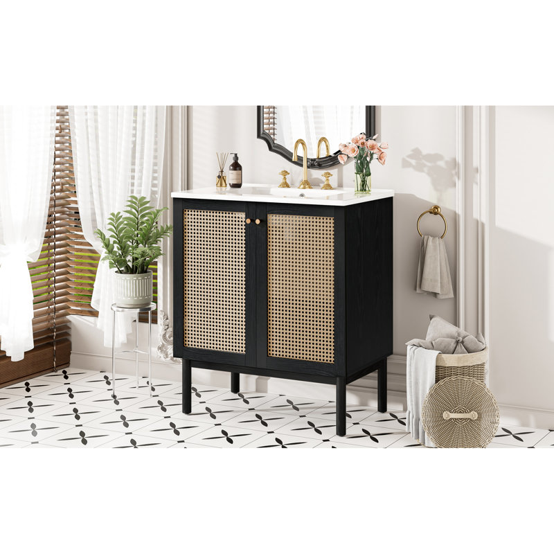 Meuble-lavabo de 30 pouces avec détails, dimensions peu encombrantes, évier facile à nettoyer et protection contre le débordement