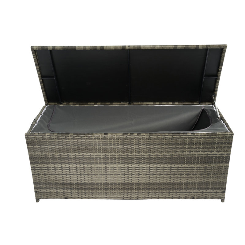 Large Capacity Patio Storage Chest. 113 Gallon. Grey . Lightweight , Removable Liner. Rust Frame. Water Oversize Outdoor Cushion Box. Gallon Capacity, . For Patio, Porch, Garden. ,