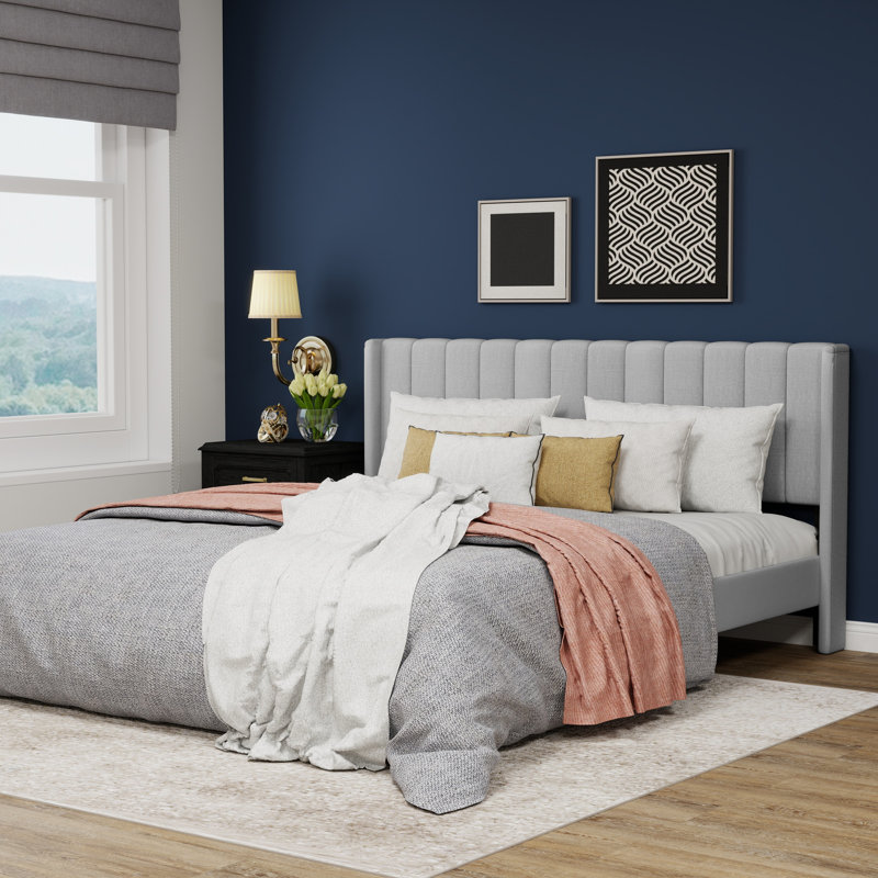 Upholstered Wingback Platform Bed, Light Grey, King