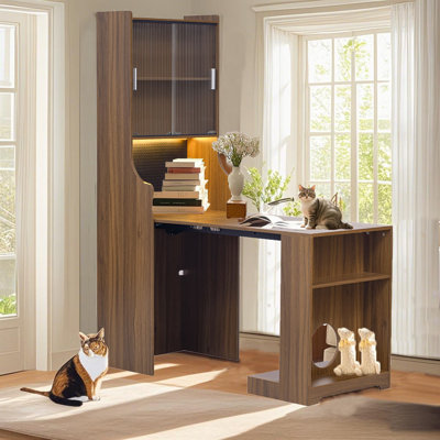 Bureau de coin en L 54 po extensible avec huche et lit pour chat, table de salle à manger multi-fonctionnelle pour 4 à 6 personnes, noyer 54 po
