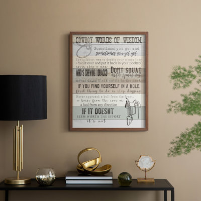 Cowboy Words Of Wisdom, reproduction encadrée - bois massif