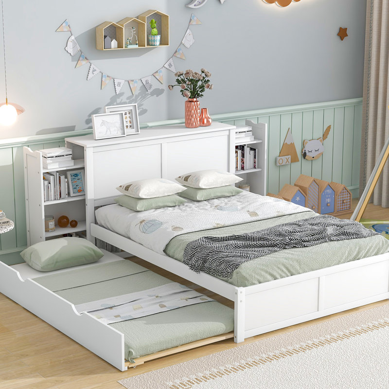 Lit double blanc avec rangement et lit gigogne simple - Construit pour une plateforme de chambre à coucher confortable avec 4 tablettes en bois massif