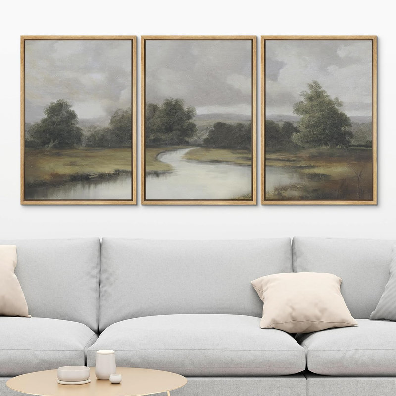 Natural Forest River Landscape Framed On Canvas 3 Pieces Print, Natural, 36" H x 24" W x 1.5" D