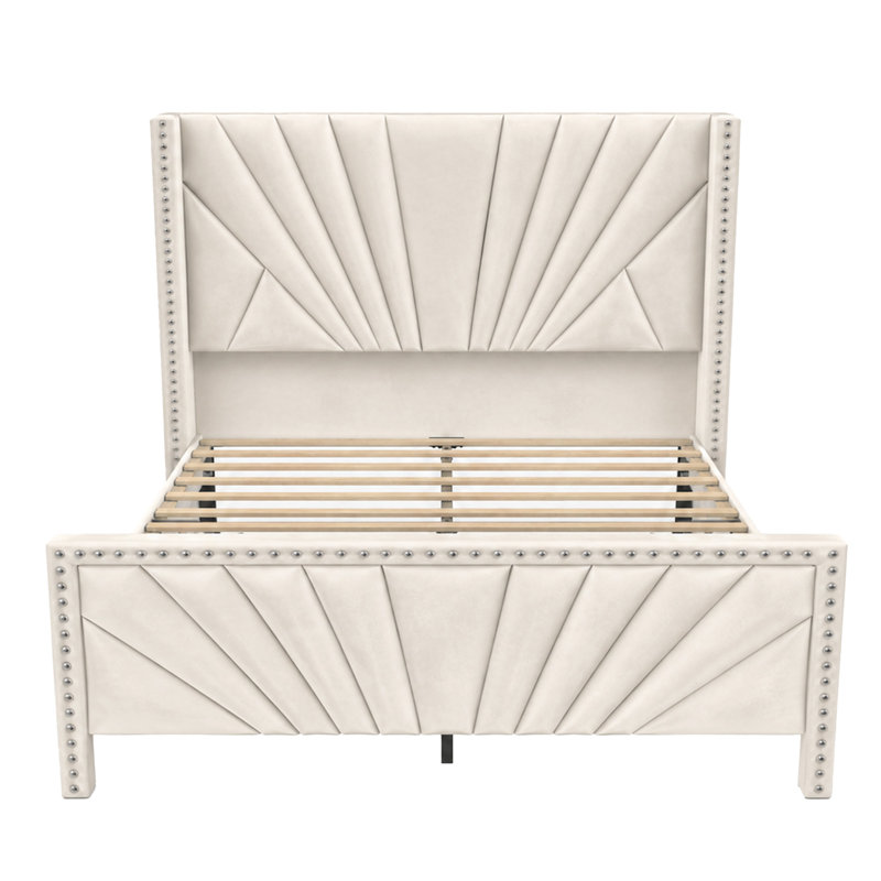Structure de lit tapissier à grand lit à oreilles avec tête et pied de lit capitonnés en velours, Beige, Grand lit