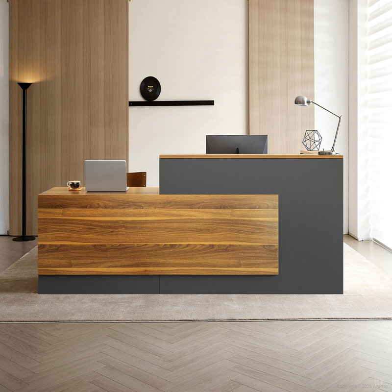 Bureau de réception en L 87 po avec comptoir, comptoir avant moderne avec armoire de rangement, tablettes ouvertes, tiroir verrouillable et plateau à clavier pour le bureau, le hall d'entrée et la caisse