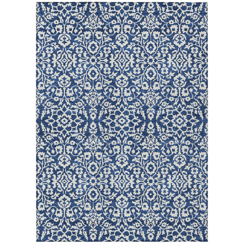 Tapis intérieur / extérieur damassé bleu marine 9 pi x 12 pi