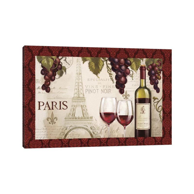 Wine in Paris, Damask Border 1 Piece Wrapped Canvas Painting, 30.48 cm H x 45.72 cm W