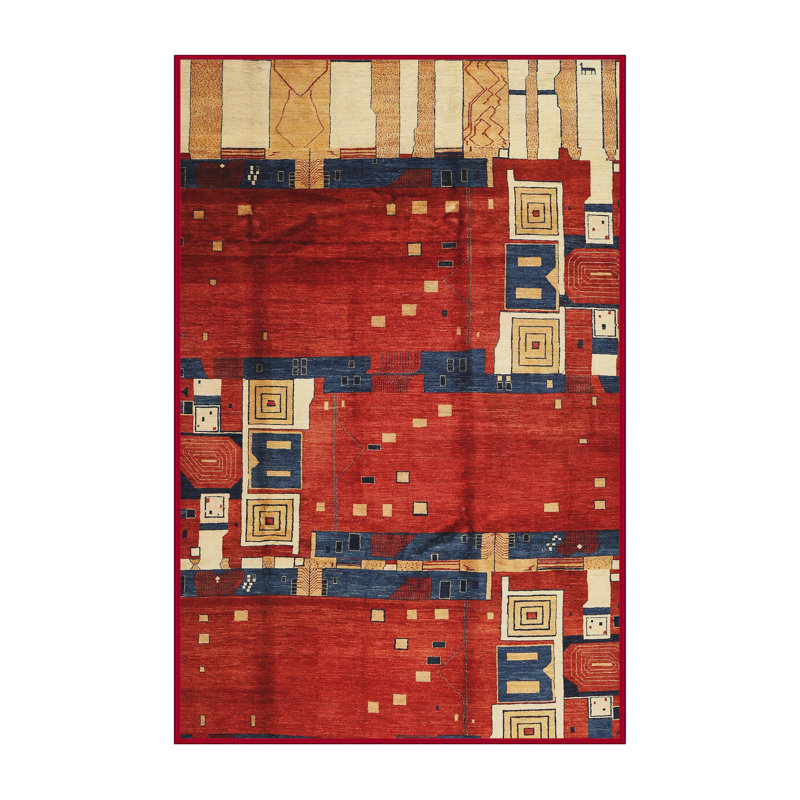 Tapis de zone rouge/bleu contemporaine, Rectangle 5 pi x 7 pi