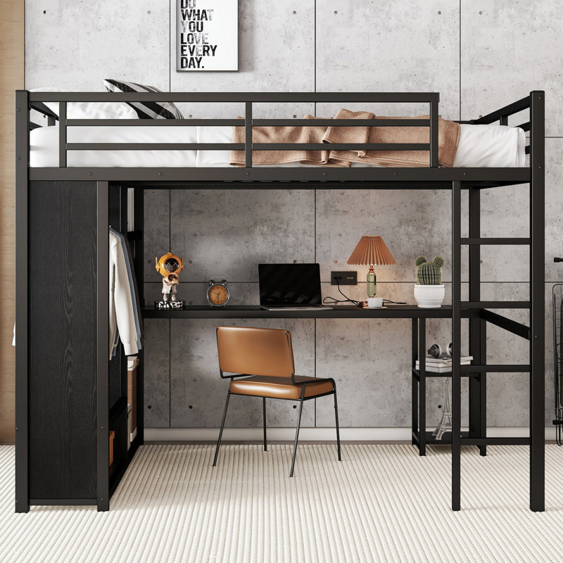 Structure de lit mezzanine multifonctionnelle avec garde-robe intégrée, bureau et tablettes de rangement, parfaite pour un espace peu encombrant et confortable