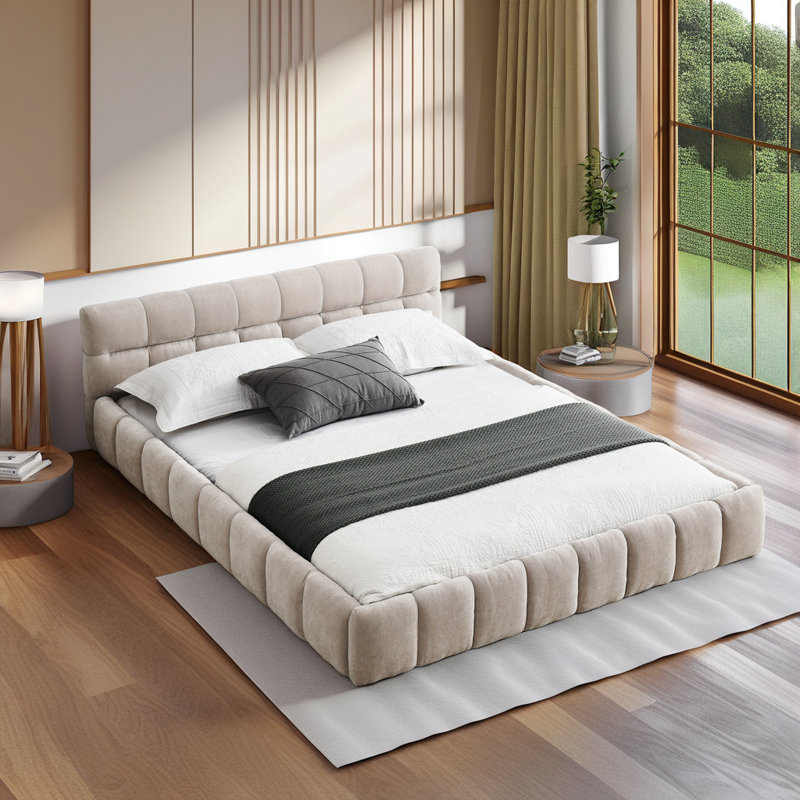 Structure de lit tapissier moderne et confortable en chenille épaisse, Beige